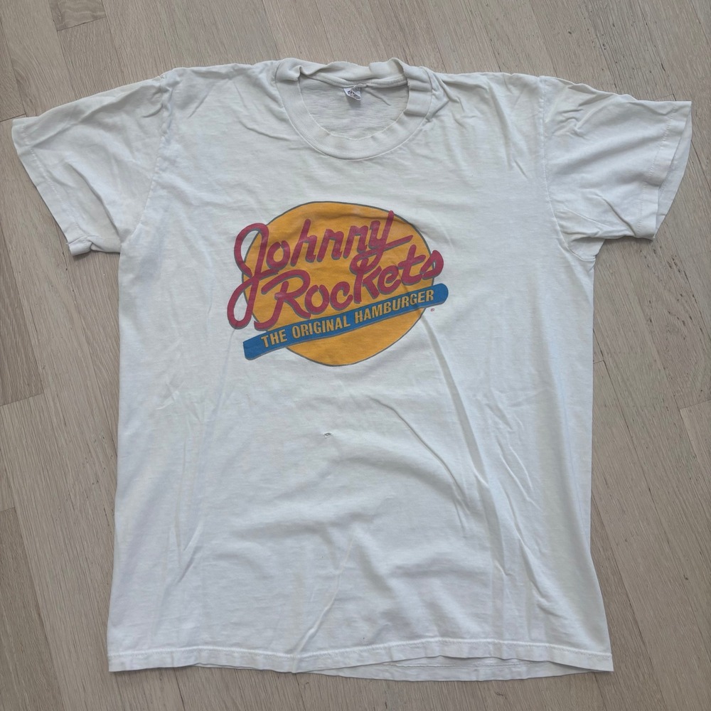 Johnny Rockets T-Shirt Mens L White Vintage Distressed Fair Graphic Tee USA Made